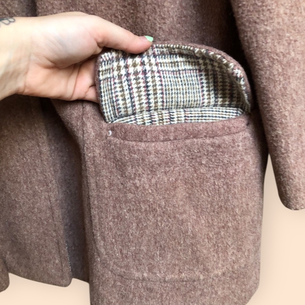 Vintage 60s Wool Pea Coat Mauve Pink Plaid Lining Pockets Retro Women’s M/L - Picture 5 of 14